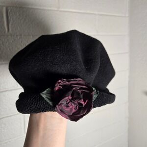 Vtg First Mountain Design Black Wool Beret Hat Twee Winter OS Rosette Flower USA